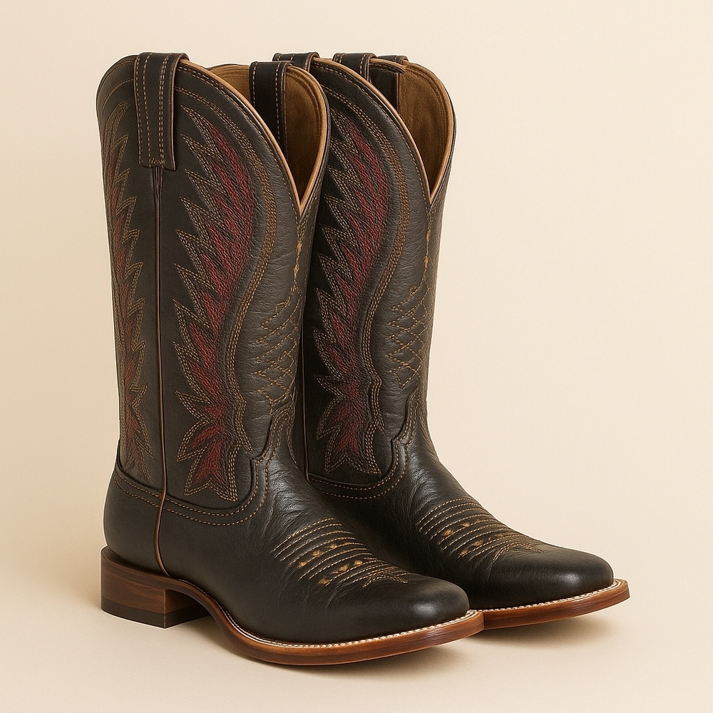 Ariat Vaquera Western Boots 8B Black Red Stitch Square Toe Cowgirl Ranch Core 🤠